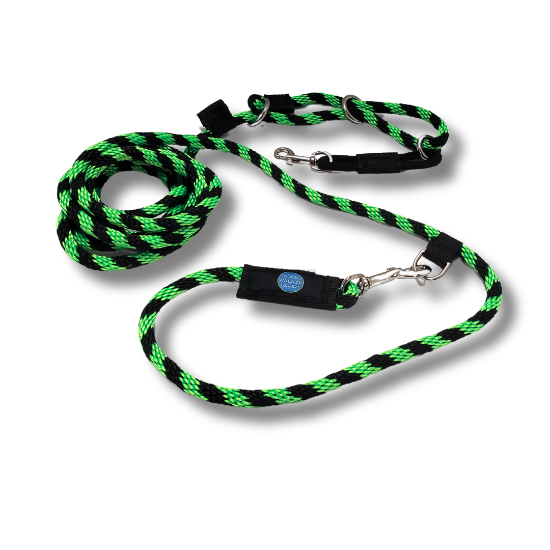 Black and lime hands-free dog leash.
